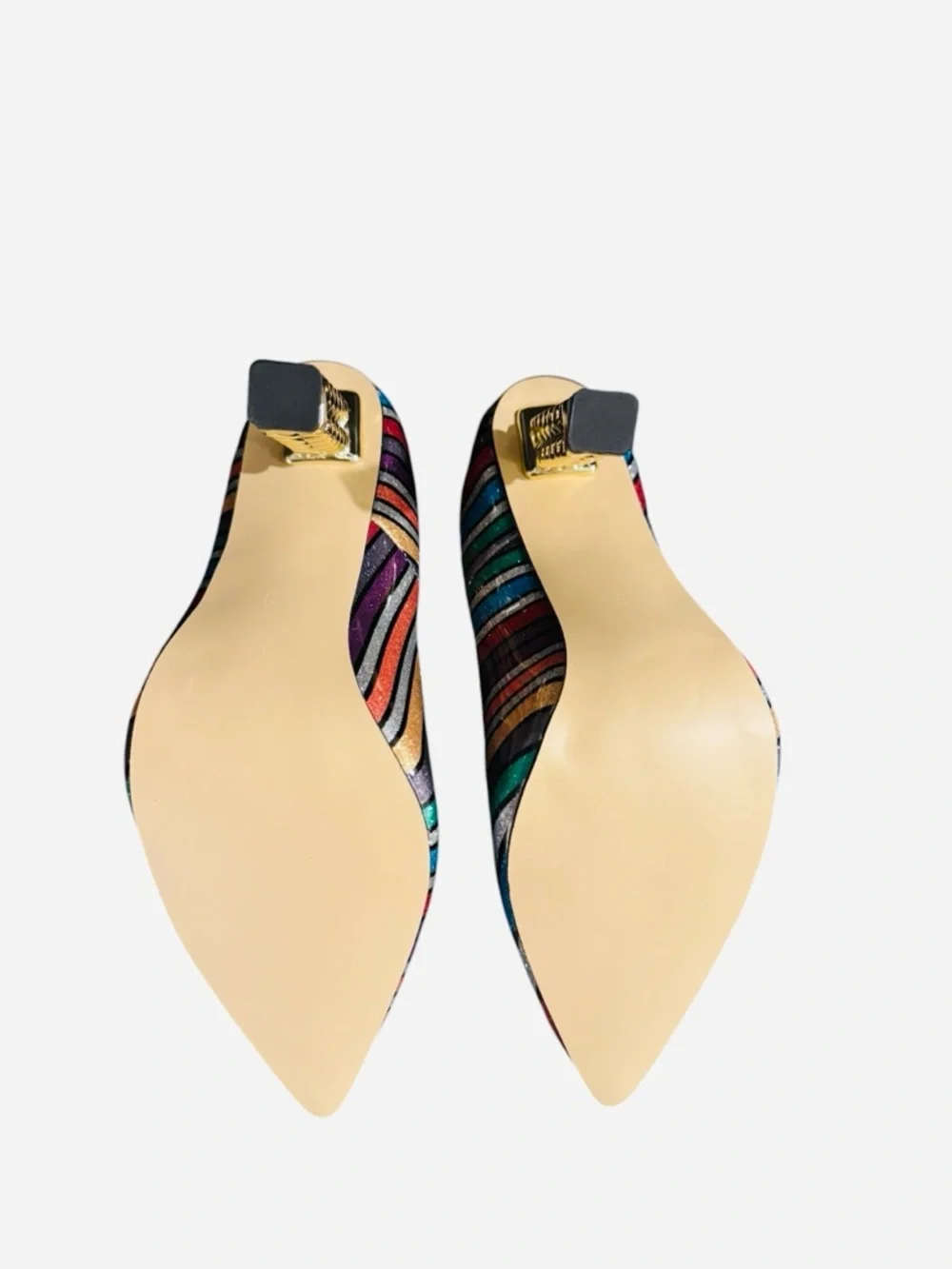 FSJ Rainbow Glitter Stripes Pumps with Gold Sculptural Heel - Picture 9 of 9